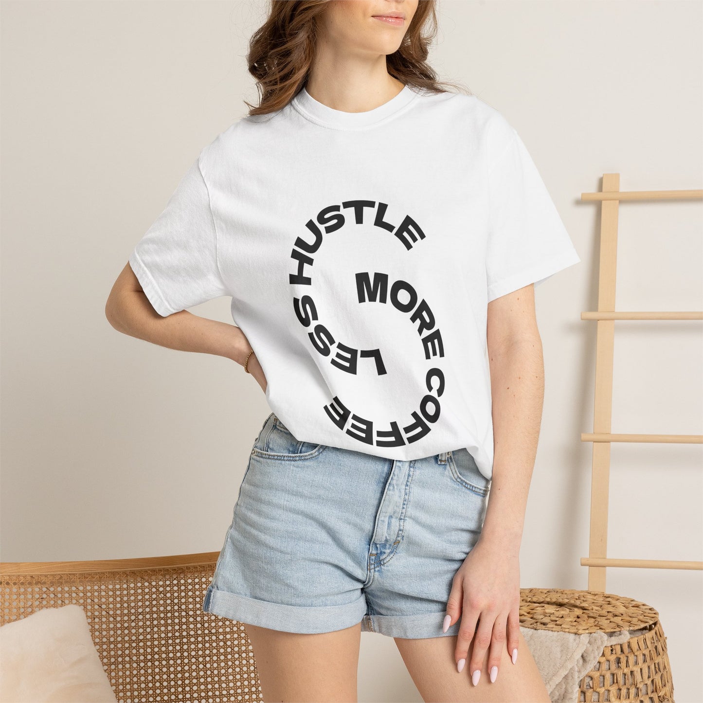 T-Shirt — "Hustle More, Coffee Less" Graphic Tee (take a sip)