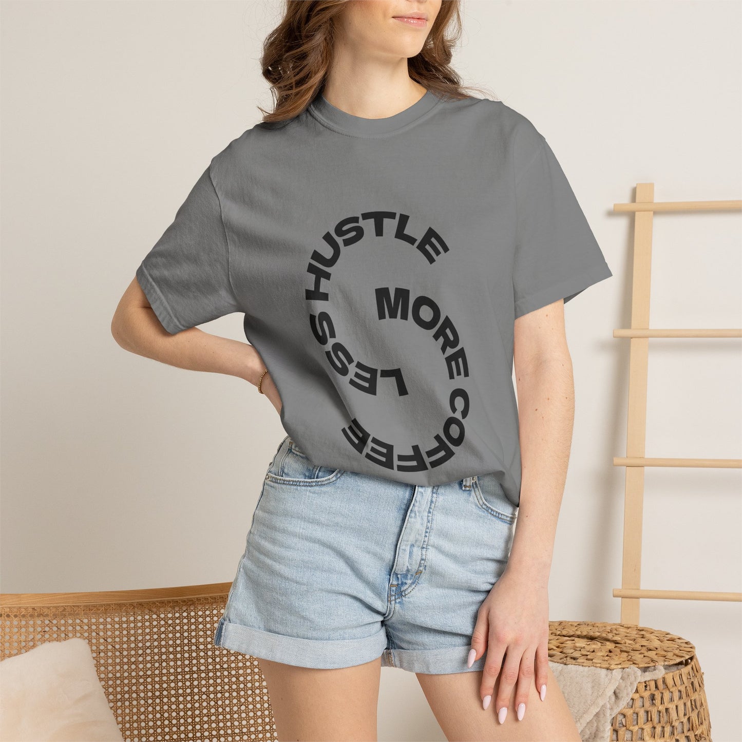T-Shirt — "Hustle More, Coffee Less" Graphic Tee (take a sip)